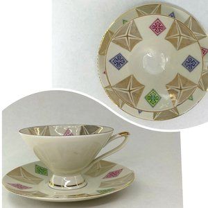 Vintage Mid Century Porcelain Tea Cup and Saucer Pink, Blue, Green & Gold Atomic